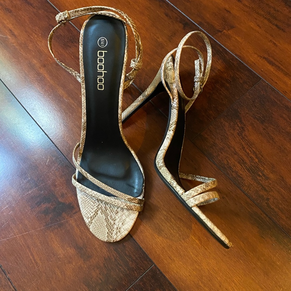 Stylish Never Worn Boohoo Snake Skin Strapped Sandals.